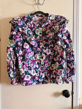 Jodifl Women’s Floral Ruffle  Top Cotton Blend  Purple White Spring Blouse L